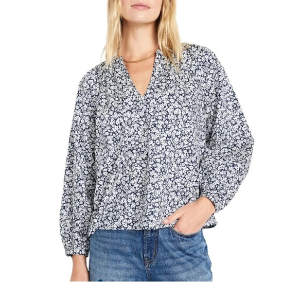 OLD NAVY Liberty Floral Peasant Top Long Balloon Sleeve Split V Neck Navy XXL - Picture 1 of 11